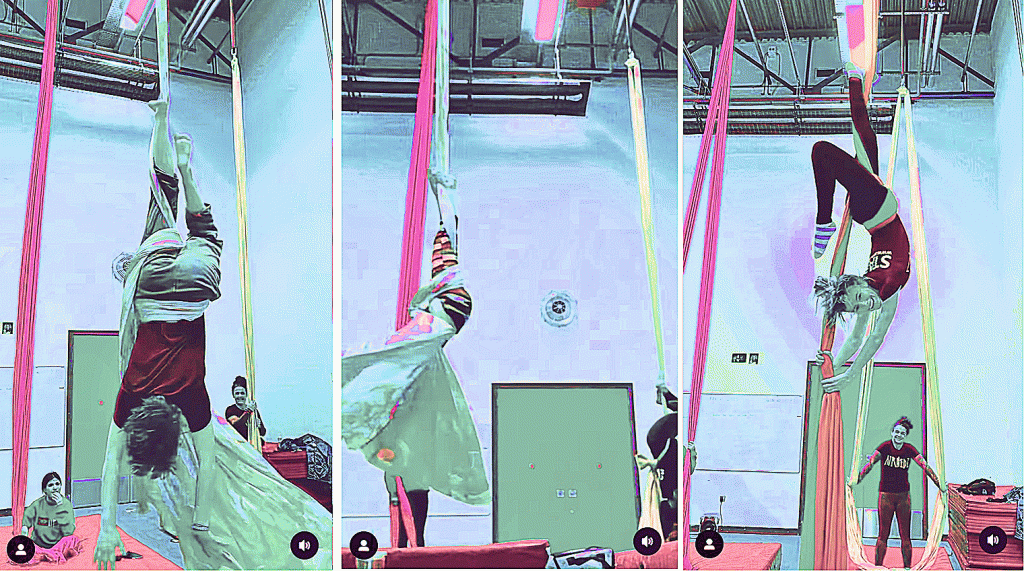 Three altered images of aerialists suspending and spinning on aerial fabric.